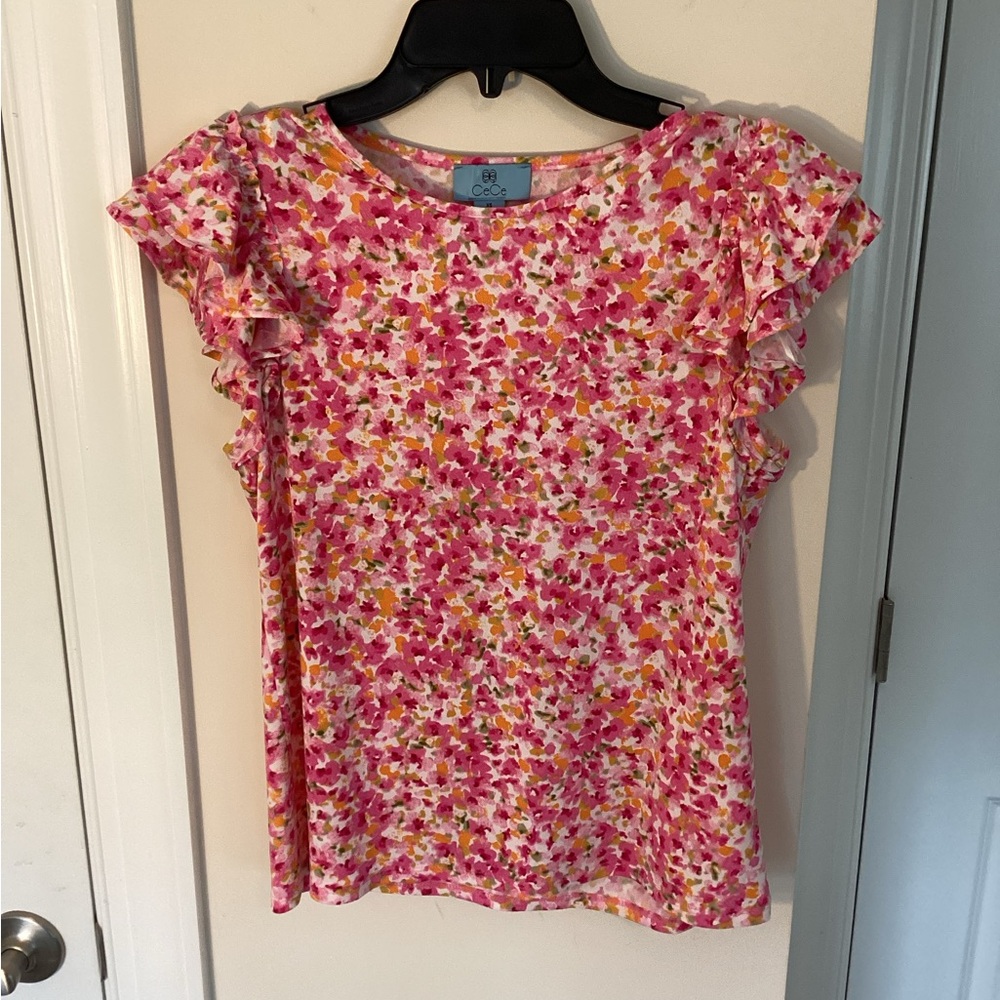 CeCe floral double ruffled sleeve crewneck knit top, XS